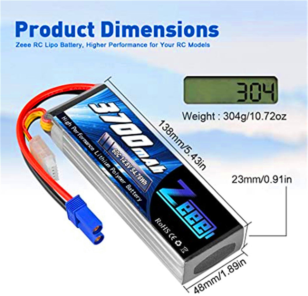 2 paquetes de baterías lipo RC de 14,8 V, 3700 mAh, 60 C con conector EC5 para helicópteros, barcos RC y coches RC
