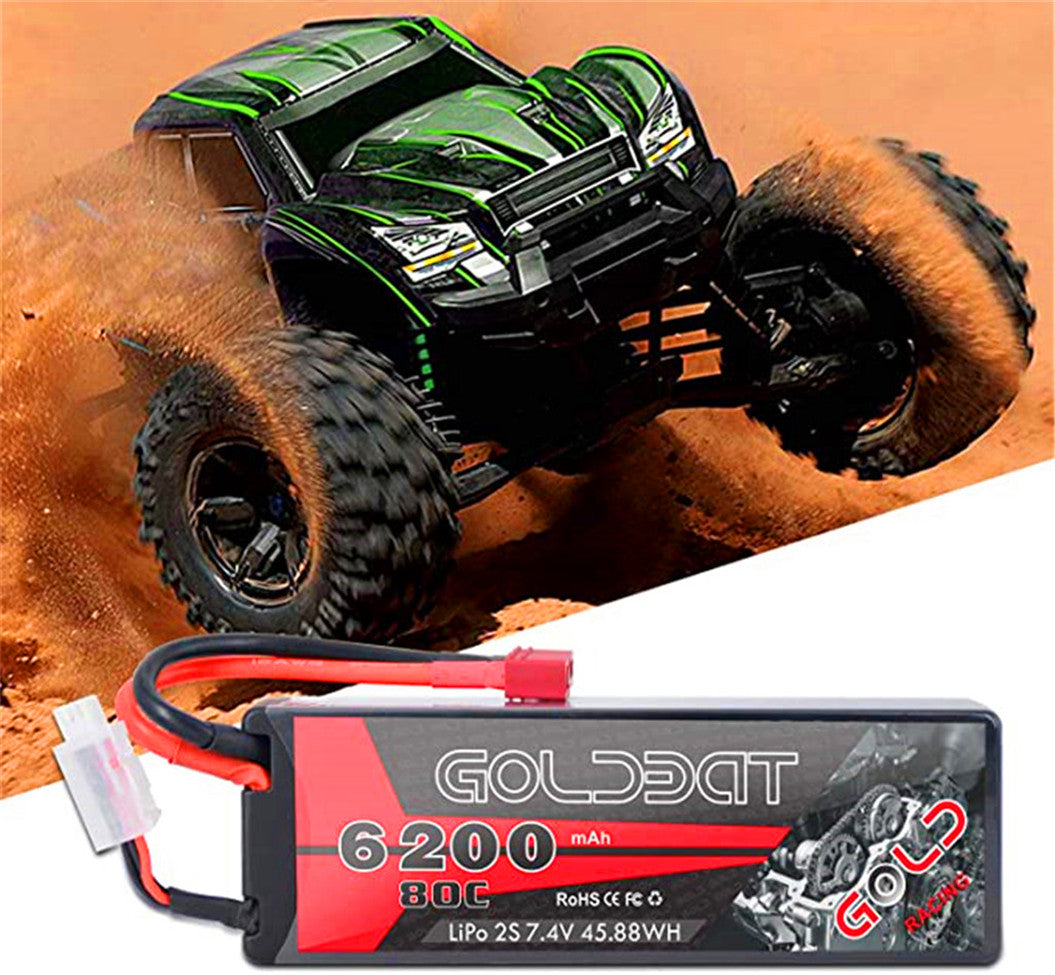 2 paquetes de baterías Lipo de 6200 mAh y 7,4 V con conector en T hembra para coche, avión, helicóptero RC