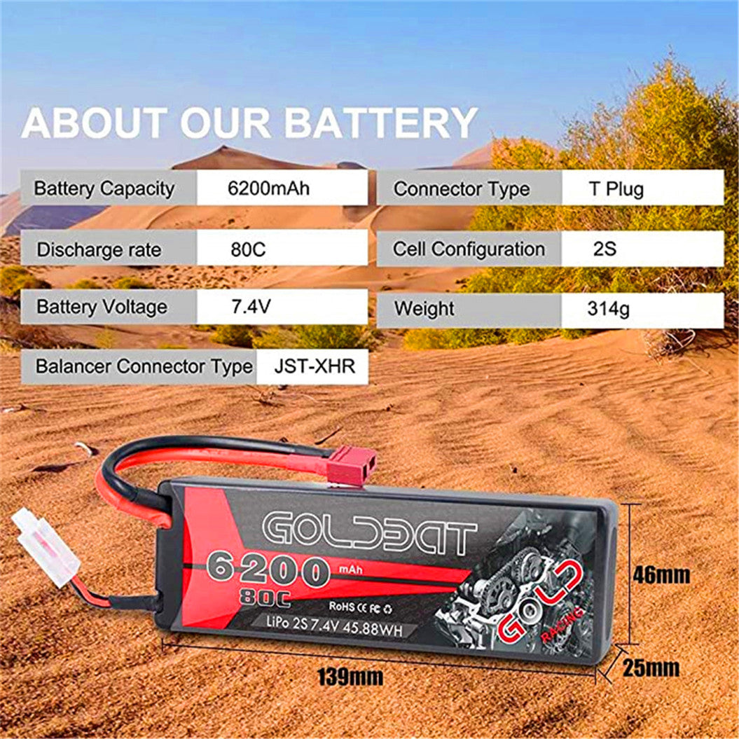 2 paquetes de baterías Lipo de 6200 mAh y 7,4 V con conector en T hembra para coche, avión, helicóptero RC