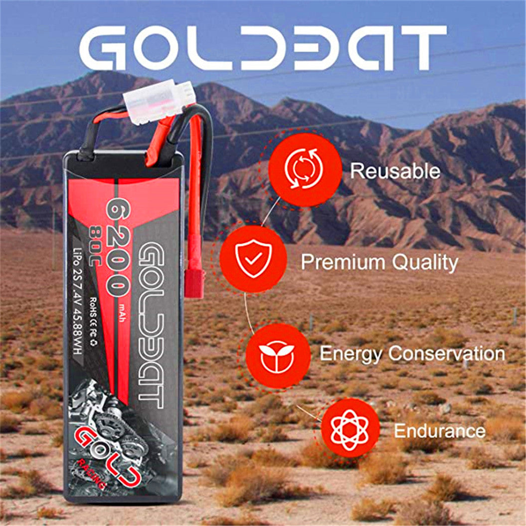 2 paquetes de baterías Lipo de 6200 mAh y 7,4 V con conector en T hembra para coche, avión, helicóptero RC