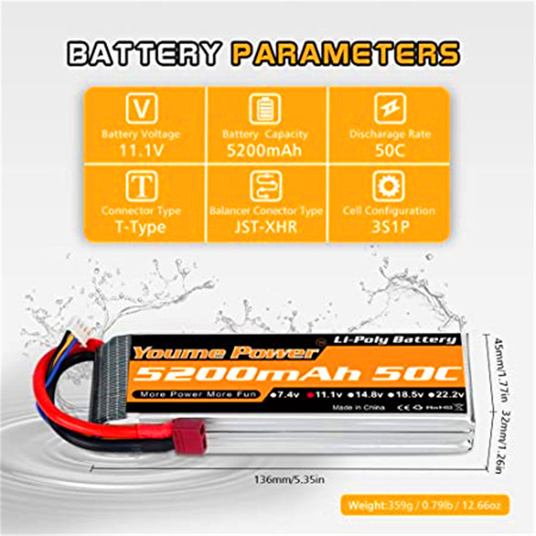 2 paquetes de batería Lipo de 11,1 V y 5200 mAh con conector Deans T para coche/camión RC, barco, dron, buggy, truggy