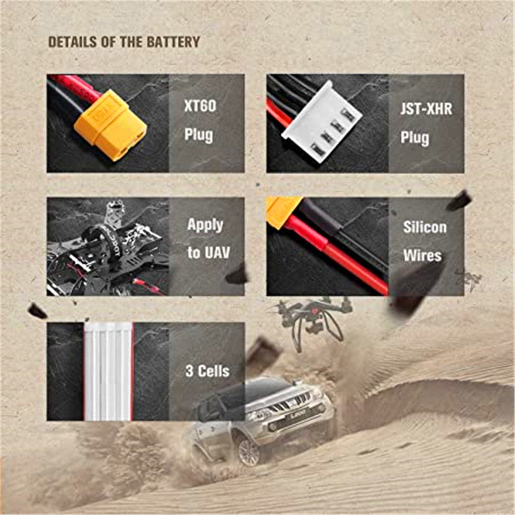 2 paquetes de baterías Lipo de 11,1 V y 1500 mAh con conector XT60 para coches RC, Vortex, aviones, helicópteros, drones y FPV
