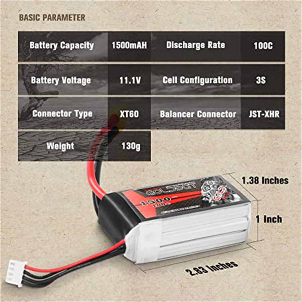 2 paquetes de baterías Lipo de 11,1 V y 1500 mAh con conector XT60 para coches RC, Vortex, aviones, helicópteros, drones y FPV