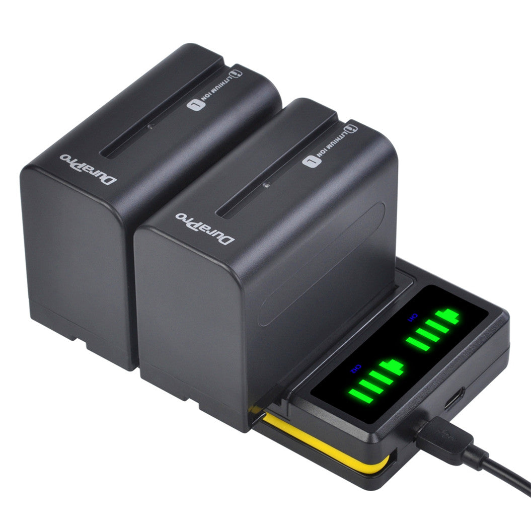 2 Stuks 7200mAh NP-F960 NP-F970 Camera Batterij + LCD USB Oplader voor NP-F550 F770 F750 F960 FM500H FM70 QM91D QM71D HVR-V1J NP-F960 Vervangende Batterij voor Camera's (7.2V 7200mAh / Li-Ion)