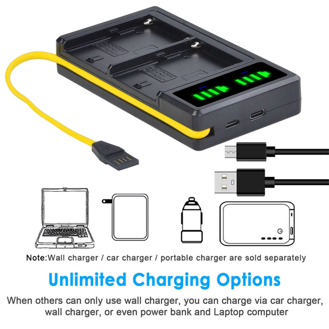 2 Stuks 7200mAh NP-F960 NP-F970 Camera Batterij + LCD USB Oplader voor NP-F550 F770 F750 F960 FM500H FM70 QM91D QM71D HVR-V1J NP-F960 Vervangende Batterij voor Camera's (7.2V 7200mAh / Li-Ion)