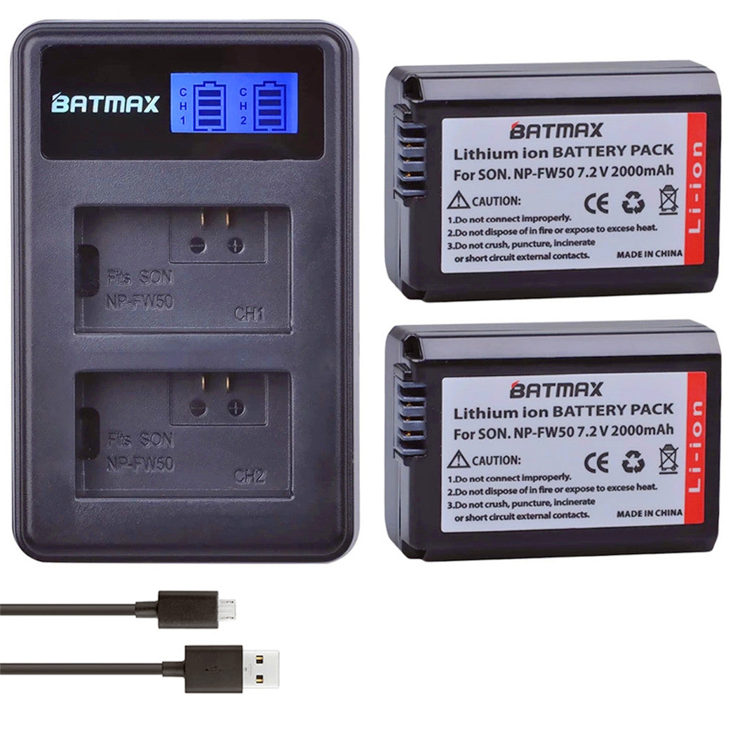 2Pcs 2000mAh NP-FW50 Camera Battery + LCD USB Dual Charger for a6500 a6300 a6000 a5000 a3000 NEX-3 a7R