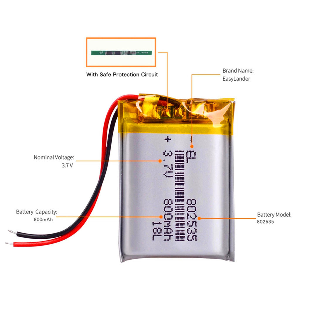 2개 세트 3.7V 리튬 배터리 800mAh 폴리머 배터리 802535 블루투스 DVR 플레이어 및 드라이빙 레코더용