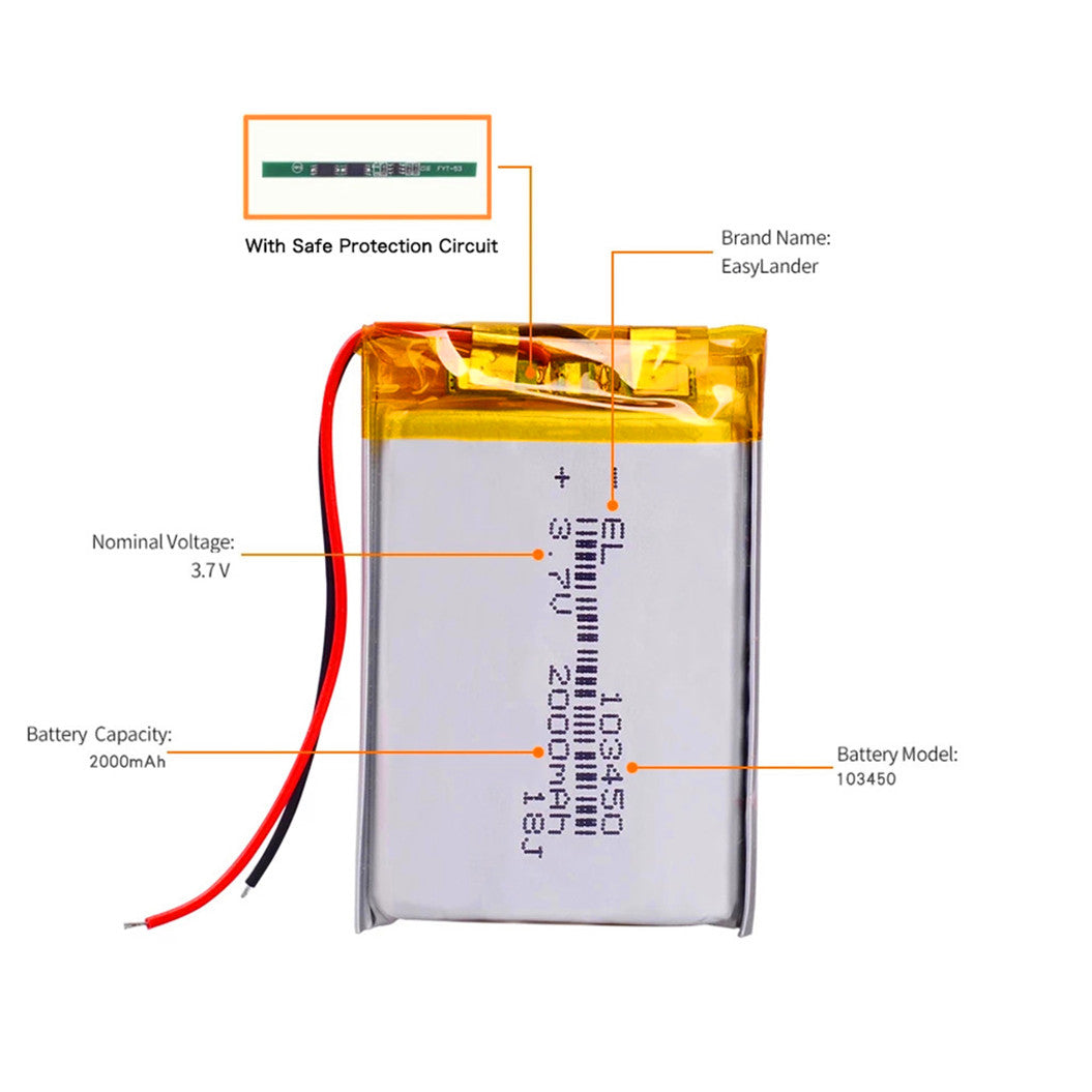 Batería de polímero de litio 103450 de 3,7 V y 2000 mAh para navegador, DVR, cámara GPS