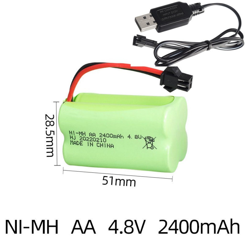 Bateria Recargável 4.8V 2400mAh AA NiMH com Cargador USB para Brinquedos de Controle Remoto