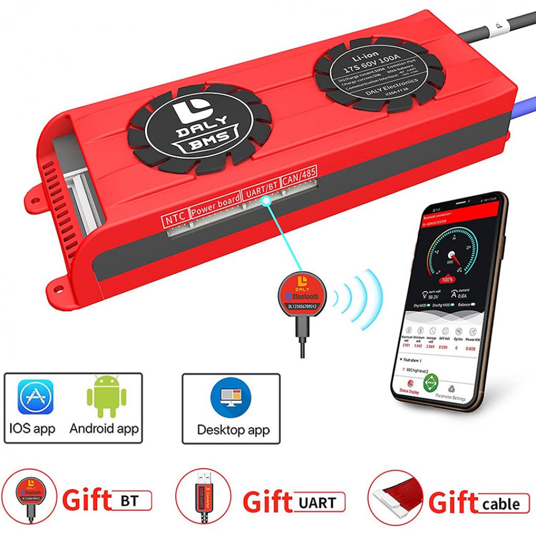 Ventilador Daly Smart Bms Li-ion 17S 60V 100A con Bluetooth 33 65 184