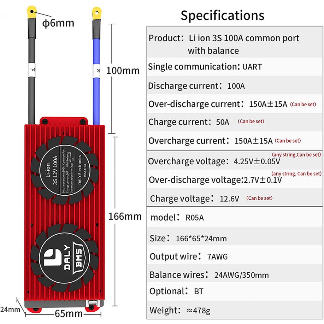 Daly BMS Li-Ion 3S 12V 100A 분리형 리튬 배터리 BMS