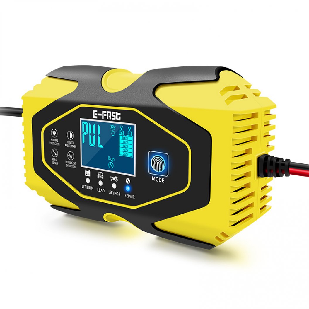 100-240VAC(50/60Hz) E-FAST Auto- en Motorfietsbatterij Oplader voor Lithium- en Loodzuurbatterijen met Stroom-, Spanning- en Vermogensweergave