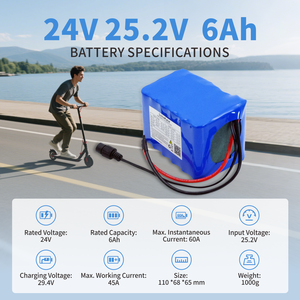 Liitokala 18650 배터리 24V 6Ah 6S3P 6000mAh 전기 자전거/모페드용 Li-ion 배터리, 25.2V BMS 보호 포함