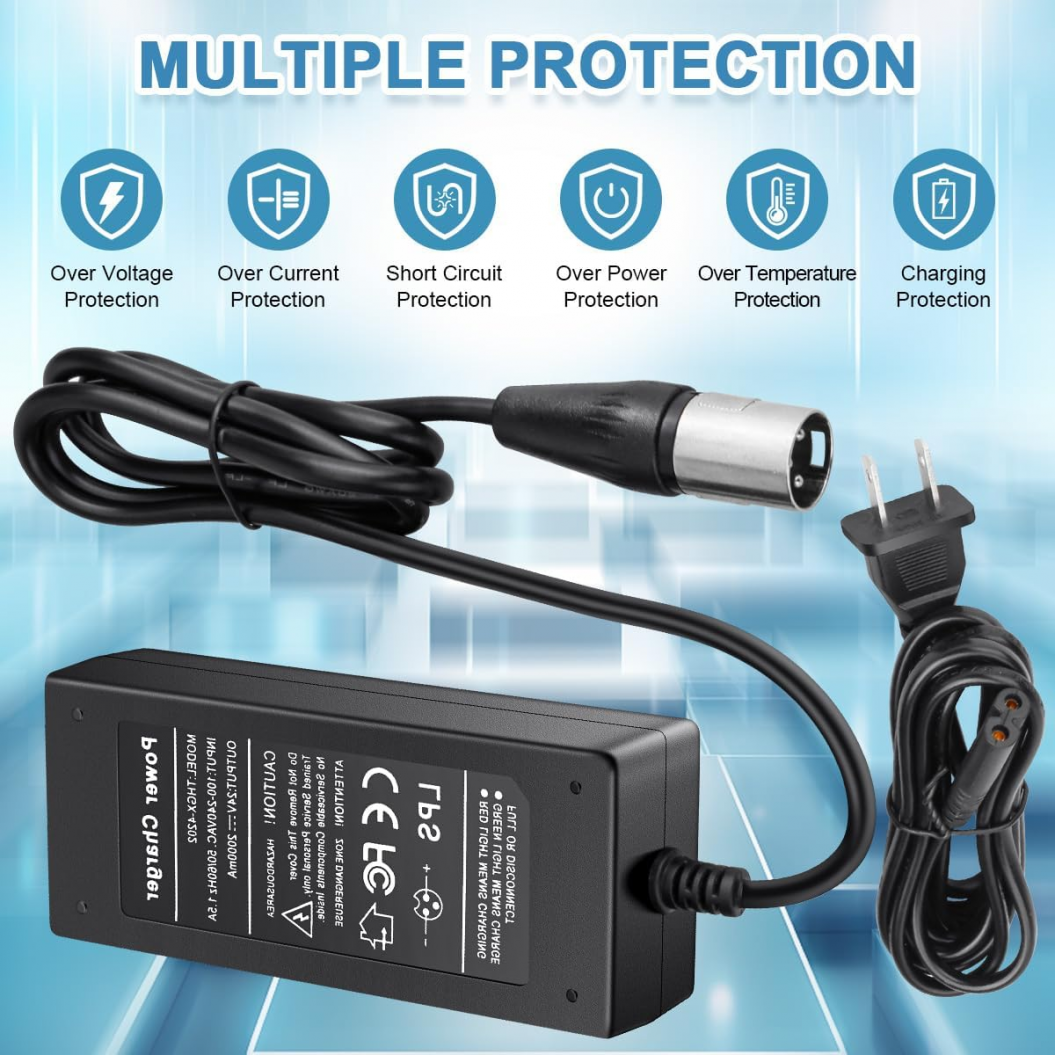 24V 2A 3-Pin XLR Electric Scooter Battery Charger for Go-Go Elite Traveller Plus HD US, Pride Mobility Scooter, Ezip Mountain Trailz, Jazzy Power Chair