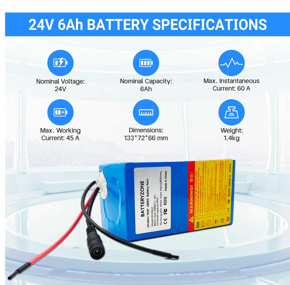 24V 6Ah 7S3P 18650 배터리 29.4V 6000mAh BMS 전기 자전거, 전동 스쿠터, 리튬 이온 배터리 팩 + 29.4V 2A 충전기