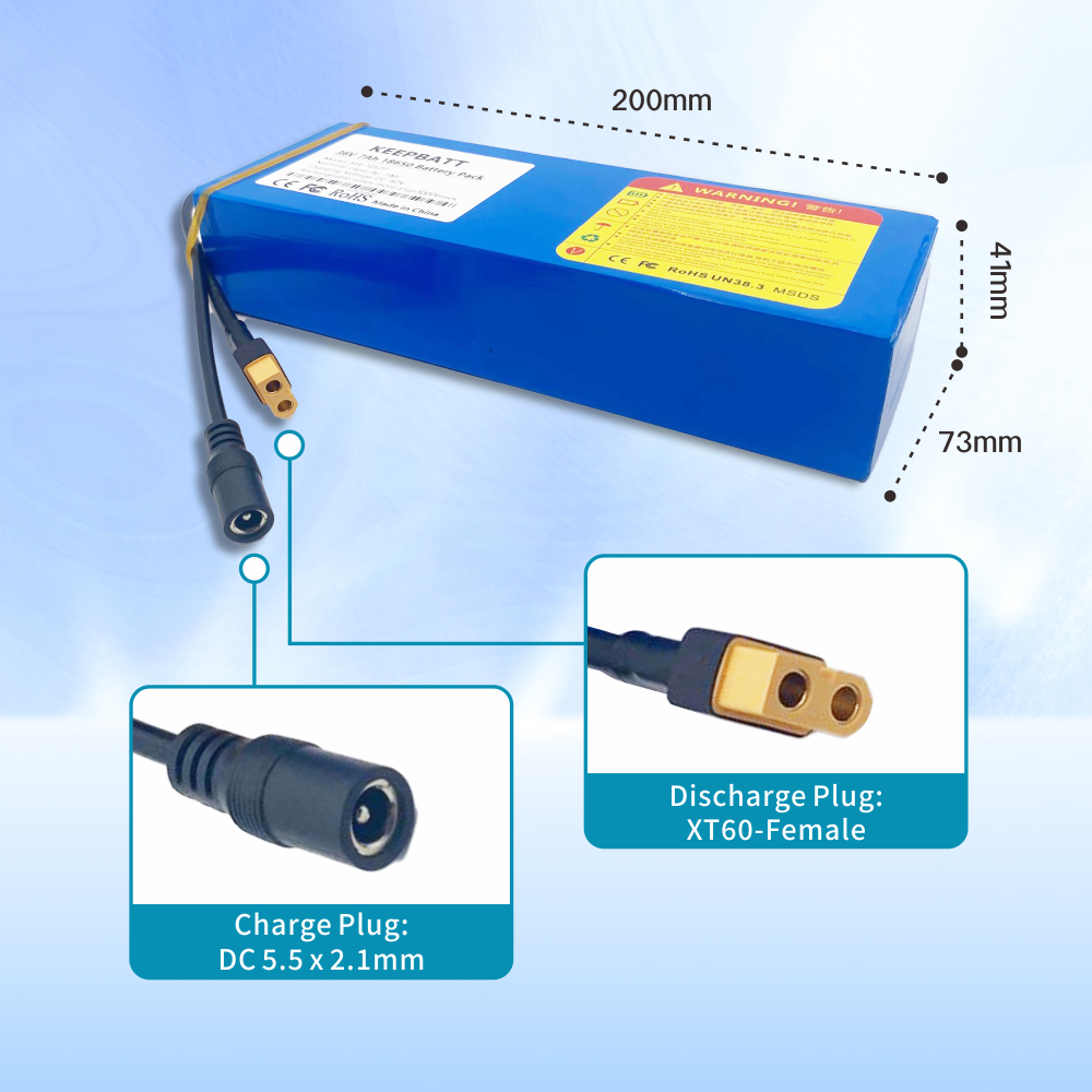 36V 10S2P 7Ah 450Watt 18650 리튬 이온 배터리 XT60 연결, 스케이트보드 및 전기 자전거용