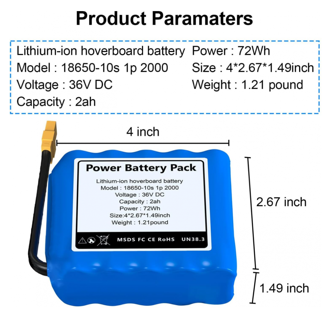 Replacement 36V 2Ah Hoverboard Battery High Capacity Lithium Battery for Hoverboards