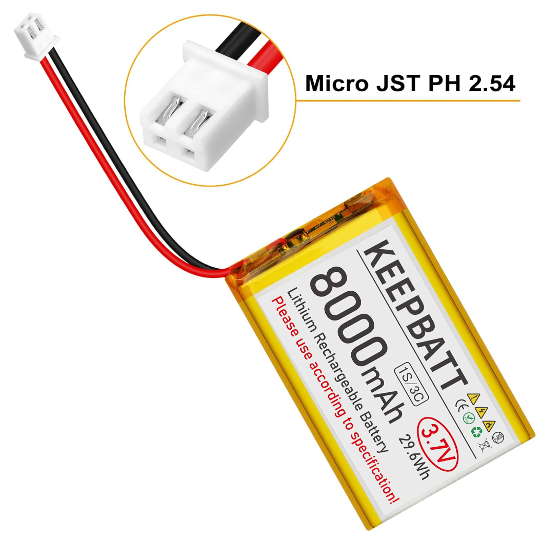 3.7V 8000mAh 126090 LiPo Battery Rechargeable 1S 3C with Dual PCB Micro JST PH 2.54 Plug for GPS Drone Multiple Device