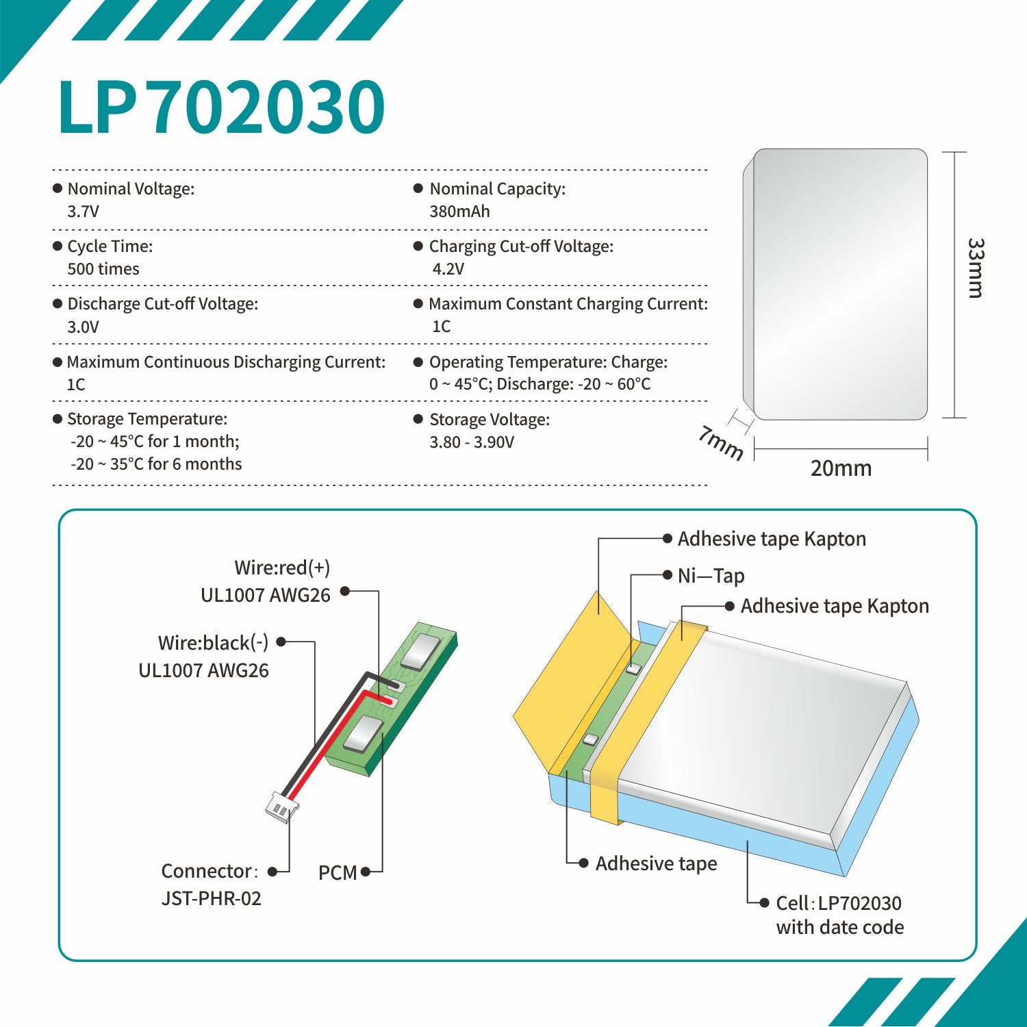 KB-LP 702030 Lipo 3.7V 380mAh Bateria de Polímero de Lítio Recarregável para GPS
