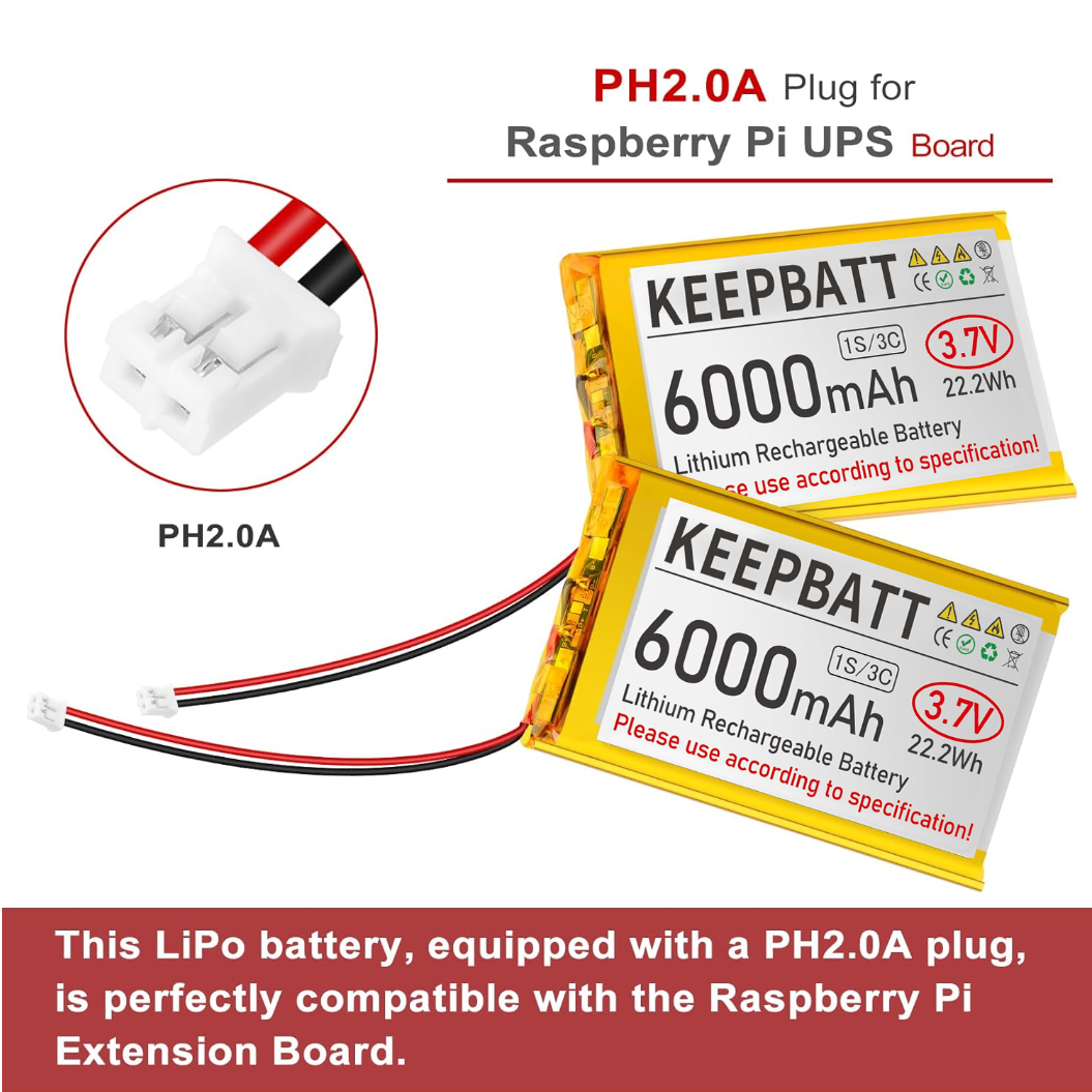 3.7V 6000mAh 906090 LiPo Battery Rechargeable 1S 3C with Protection Board PH2.0A Plug for Arduino ESP32 Board RPI Battery Pack