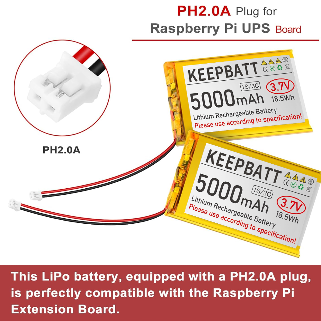 3.7V 5000mAh 105080 LiPo Battery Rechargeable 1S 3C with PCB PH2.0 Plug for Arduino ESP32 Board RPI