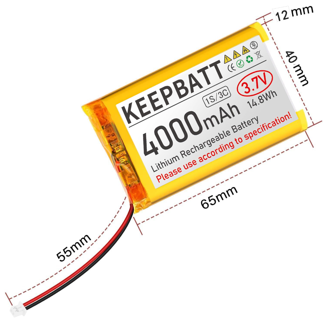 3.7V 4000mAh 124065 LiPo Battery Rechargeable 1S 3C with PCB Micro JST 1.25 Plug for Arduino ESP32 Development Board