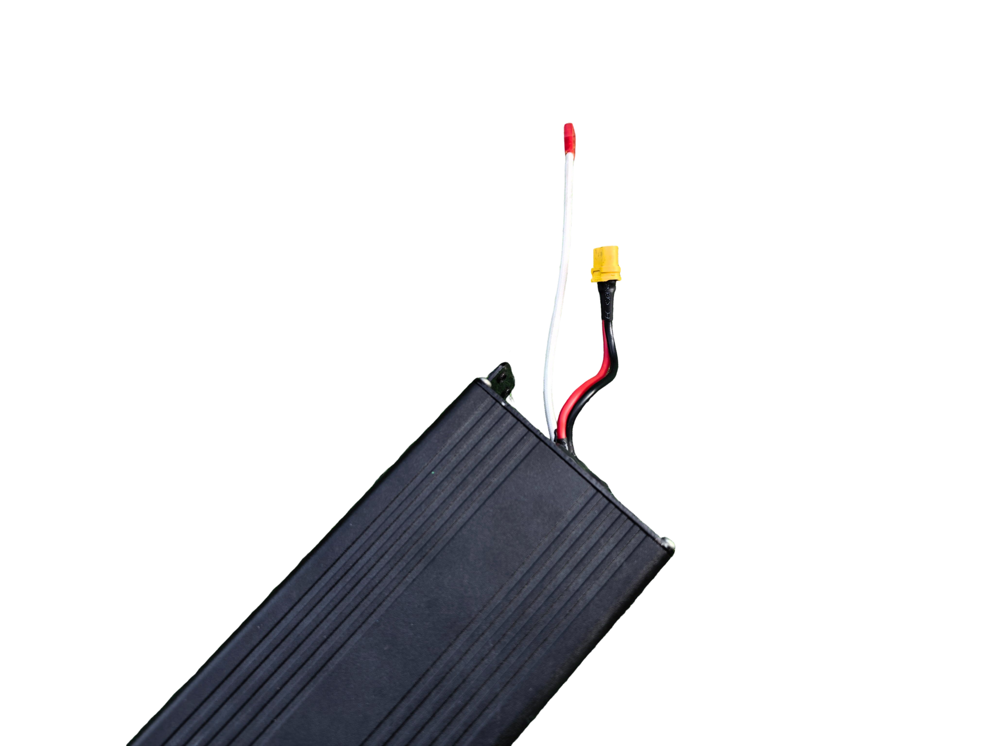 Close-up of XT60 yellow discharge plug and 2-pin white charging cable on Gotrax Fitz16 battery