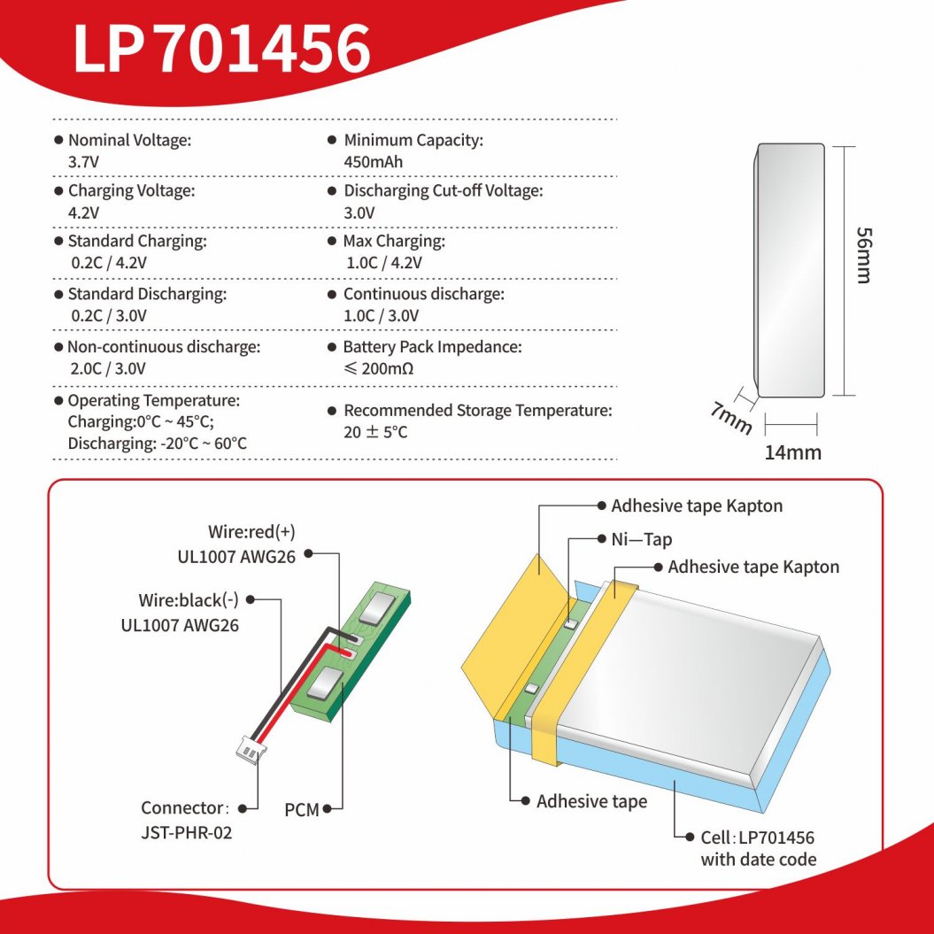 Batería Li-Polímero Recargable KB-LP 701456 3.7V 450mAh para E-Readers