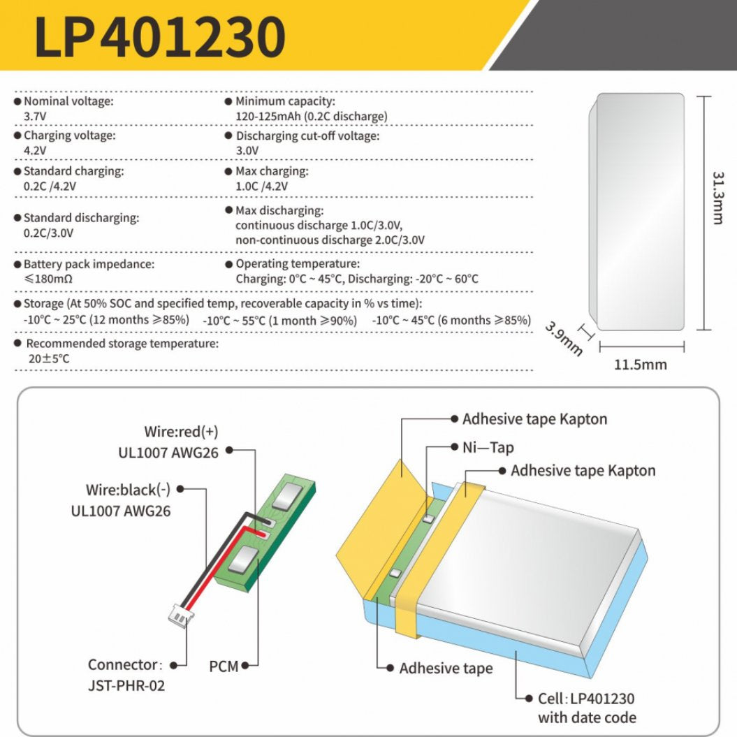 Batería Li-Polímero KB-LP401230 3.7V 120mAh para Auriculares Bluetooth