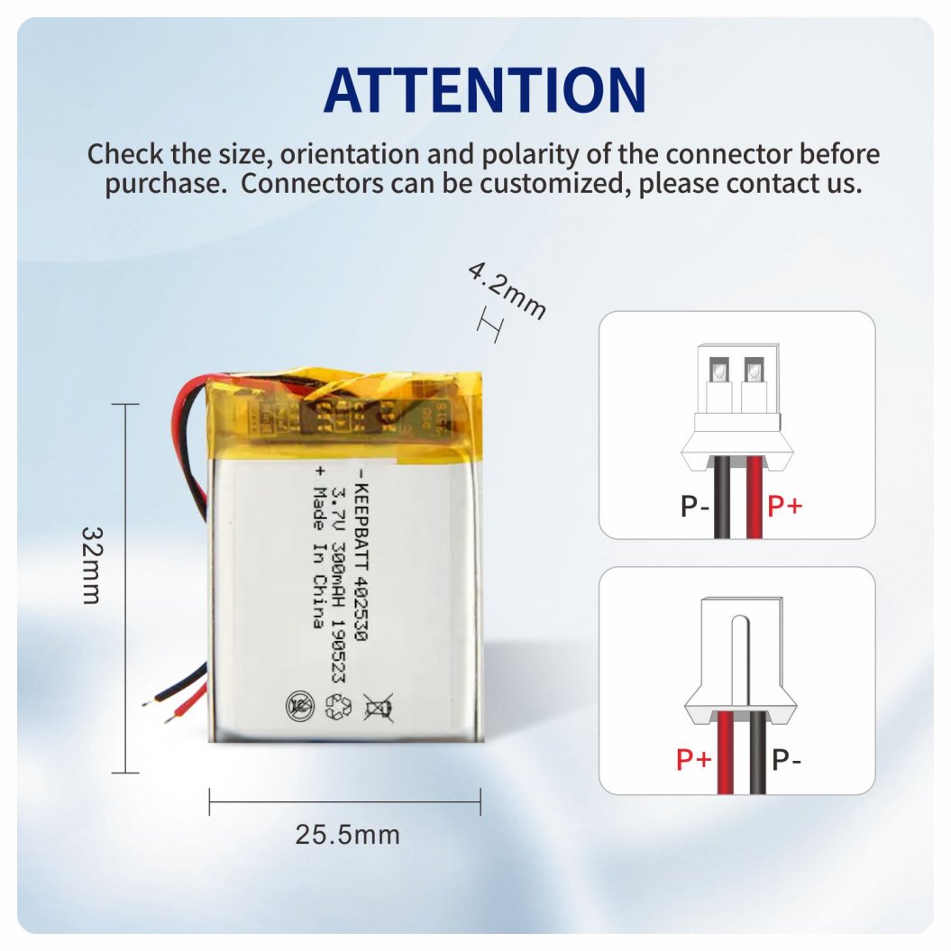 Batería Li-Polímero KB-LP402530 3.7V 250mAh 402530 para Altavoz Bluetooth Inalámbrico y LED
