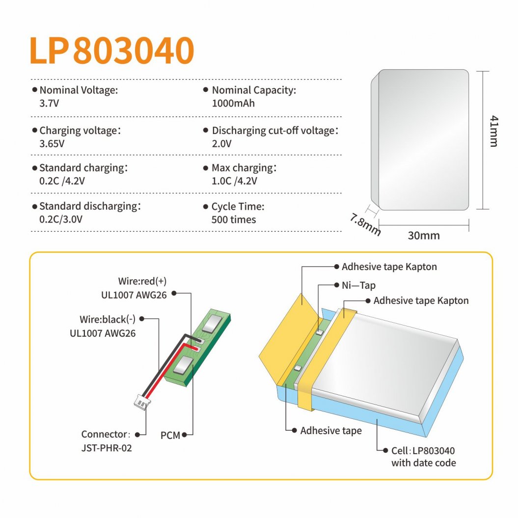 KB-LP 803040 Lipo 3.7V 1000mAh充電式リチウムポリマーバッテリー