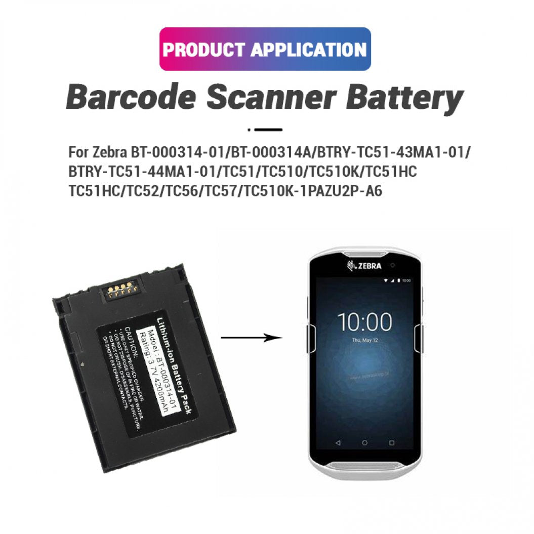 BT-000314-01 Zebra TC51 TC510 3.7V 4200mAh バーコードスキャナー交換バッテリー BTRY-TC51-44MA1-01