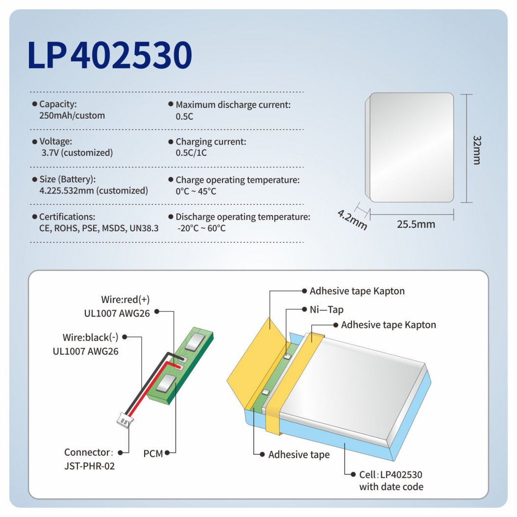 Batería Li-Polímero KB-LP402530 3.7V 250mAh 402530 para Altavoz Bluetooth Inalámbrico y LED
