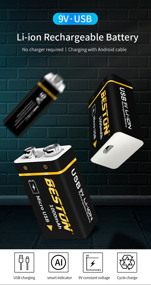 Batería recargable de iones de litio de 9 V y micro USB de alta calidad de 1000 mAh BESTON para multímetros e instrumentos electrónicos