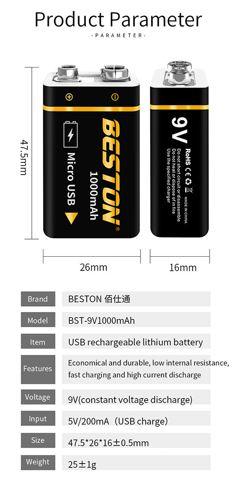 Batería recargable de iones de litio de 9 V y micro USB de alta calidad de 1000 mAh BESTON para multímetros e instrumentos electrónicos