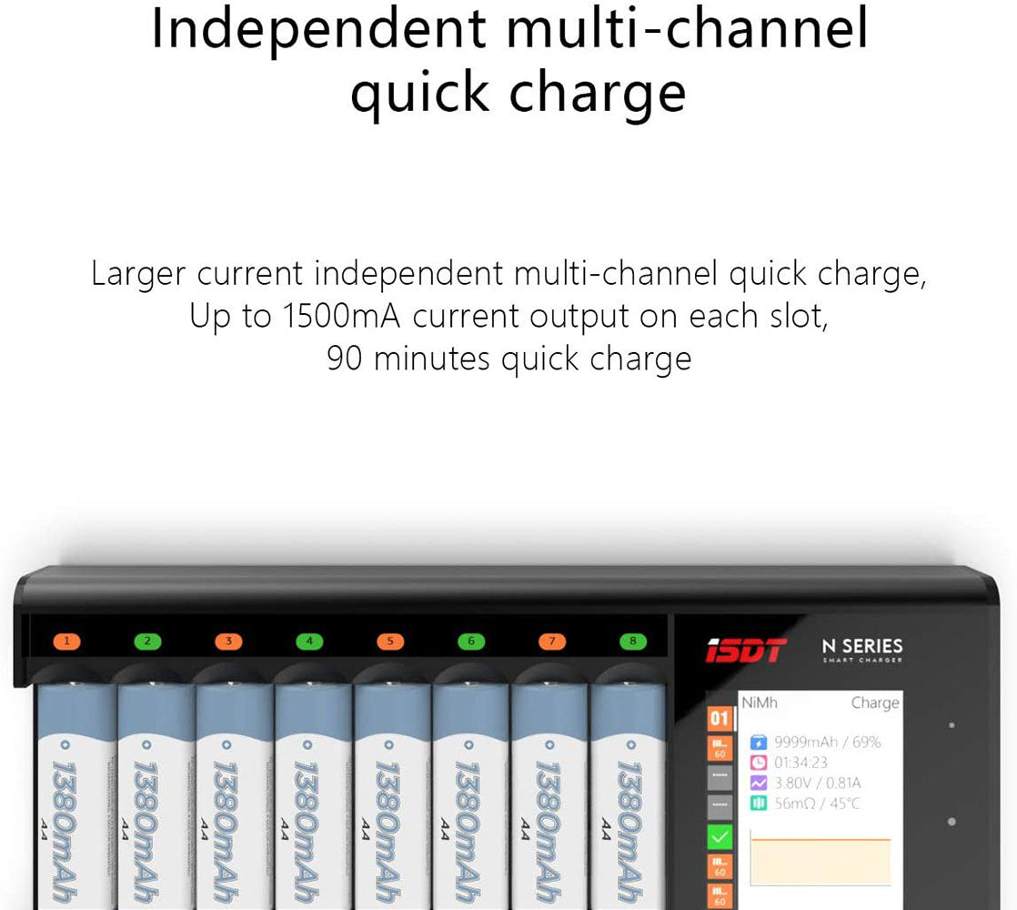 ISDT N8 battery charger LCD display quick charger for 8 batteries NI-MH NI-Cd AA AAA Li-ion LiFePO4 Eneloop Panasonic Varta battery