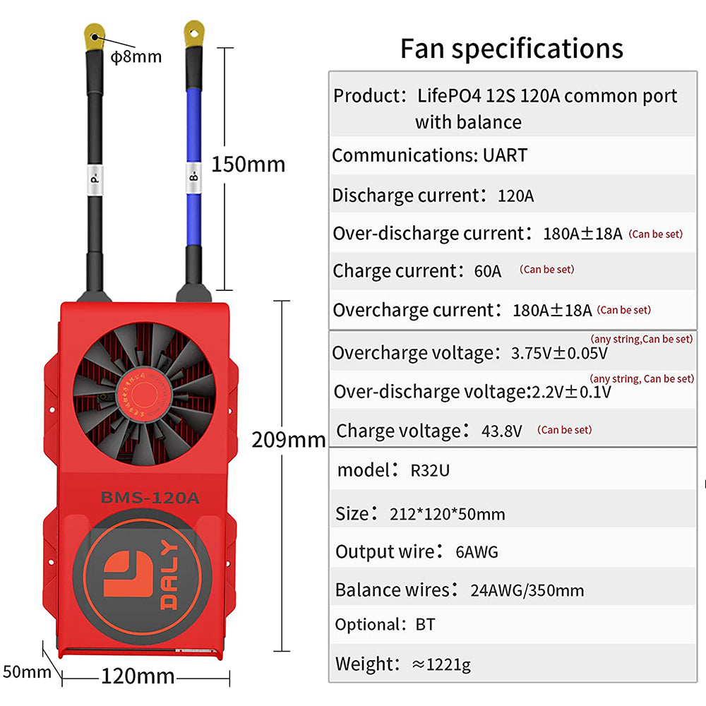 Daly smart bms Lifepo4 12S 36V 120A bluetooth BMS FAN board 50 120 209