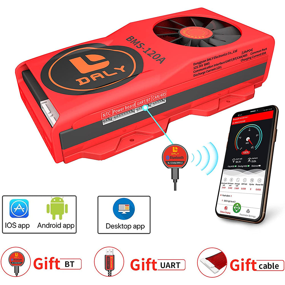 Daly smart bms Lifepo4 12S 36V 120A bluetooth BMS FAN board 50 120 209
