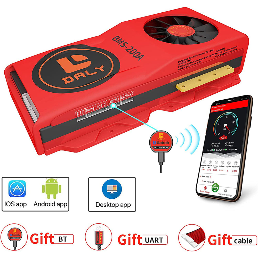 Daly Smart BMS LiFePO4 16S 48V 200A e Li-ion 16S 60V 250A com Bluetooth e Ventoinha (Modelo 52 130 235)