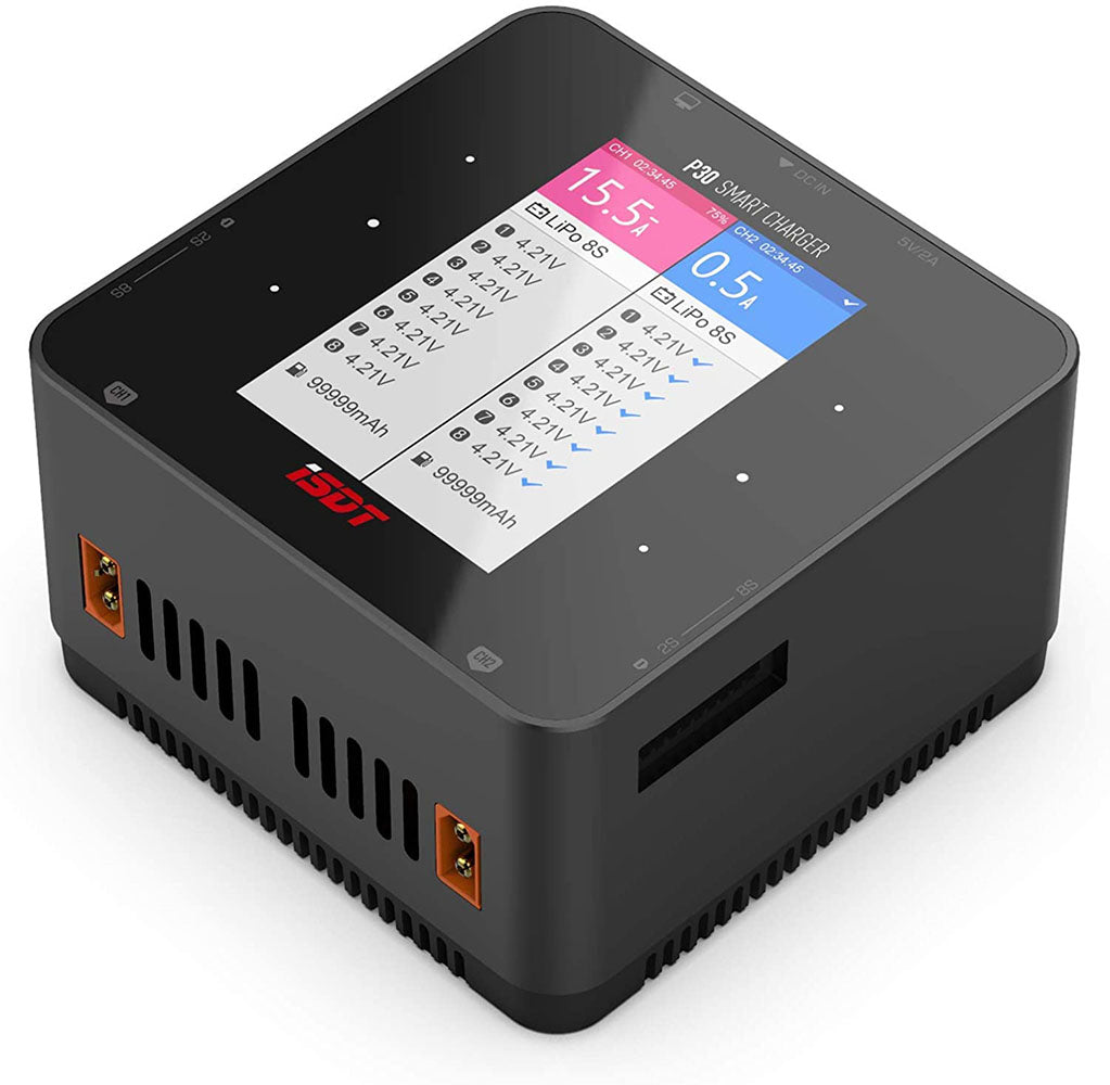 Carregador Equilibrador ISDT P30 1000W x2, 30A x2 com Bluetooth e Função BattGo para Baterias Lipo, Li-ion, LiFe, NiCd, NiMH, LiHV, PB - Para Modelos 1-8S