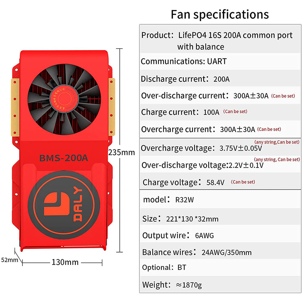 Daly Smart BMS LiFePO4 16S 48V 200A e Li-ion 16S 60V 250A com Bluetooth e Ventoinha (Modelo 52 130 235)