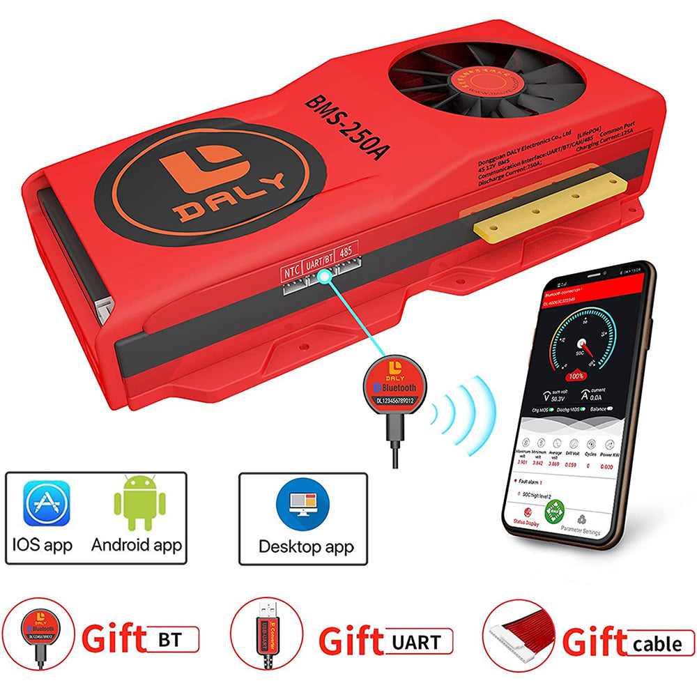 Daly smart bms Lifepo4 4S 12V 250A bluetooth BMS FAN board 52 130 235