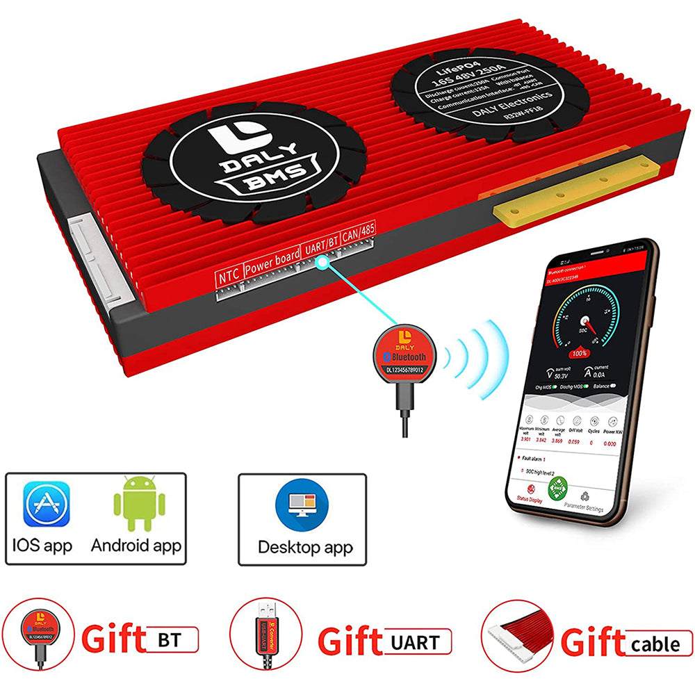 Daly Smart BMS LiFePO4 16S 48V 250A e Li-ion 16S 60V 250A com Bluetooth (Modelo 32130221)