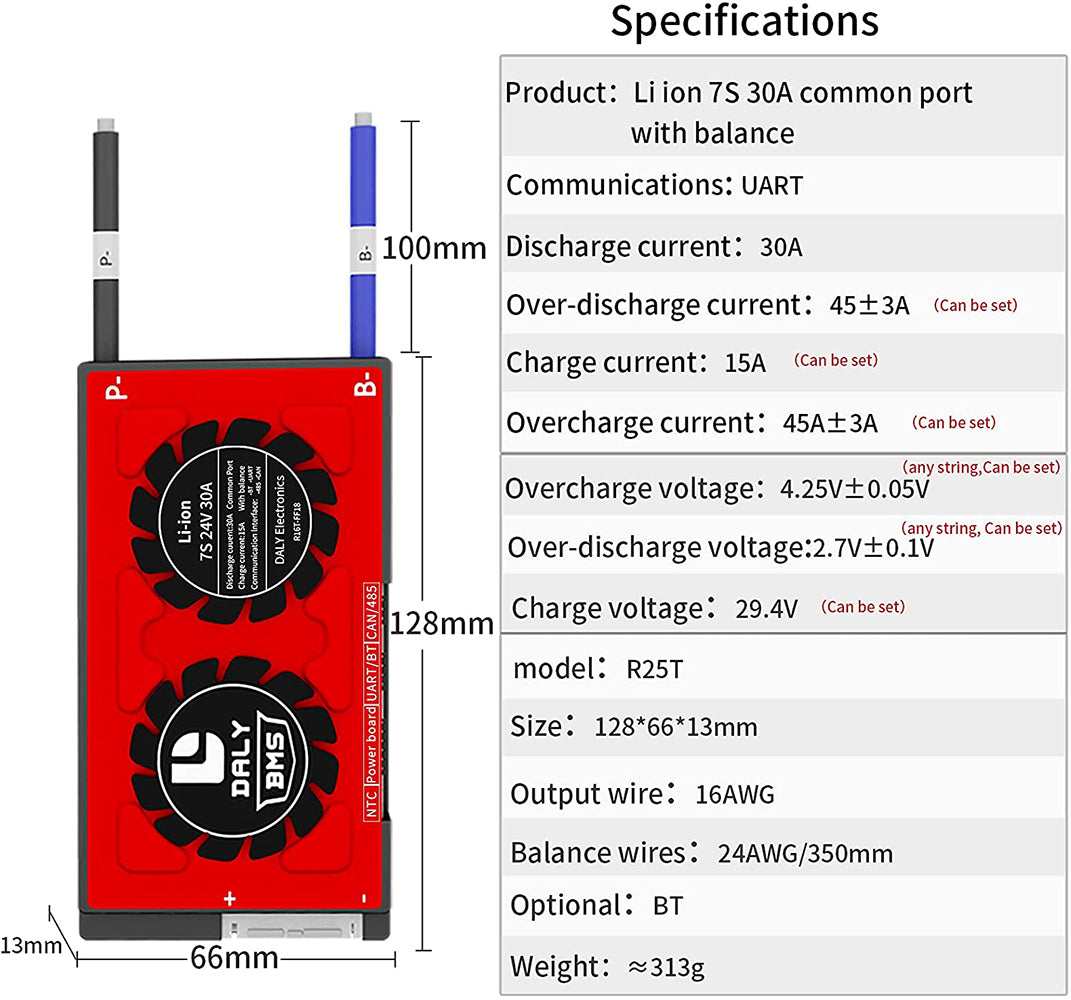 Daly smart bms Li-ion 7S 24V 30A bluetooth BMS board 13 66 128