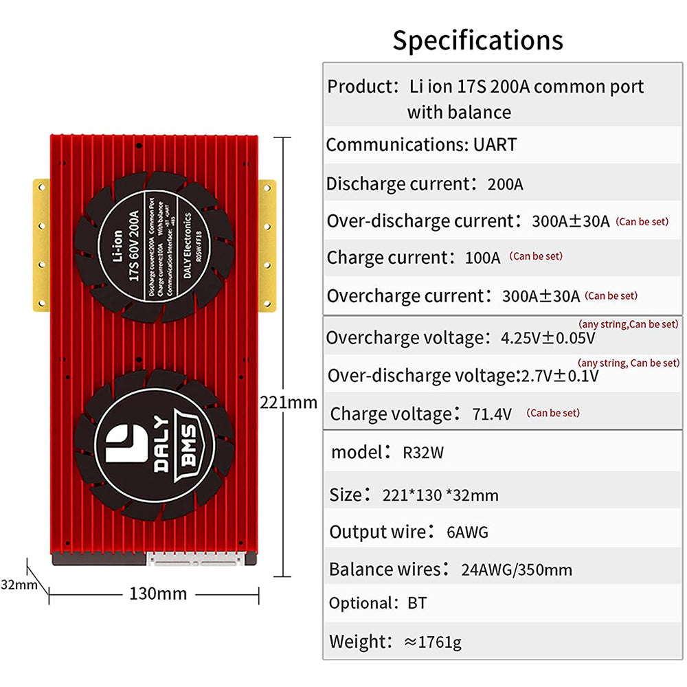 Daly Smart BMS Li-ion 17S 60V 200A Bluetooth BMS Board 32130221