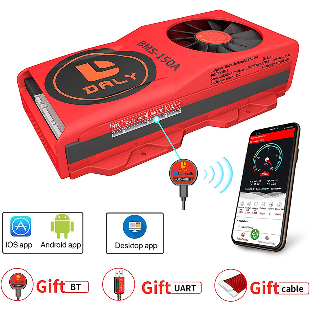 Daly Smart BMS LiFePO4 20S 60V 150A / Li-ion 20S 72V 150A com Bluetooth e Fan Board (Modelo 50 120 209)