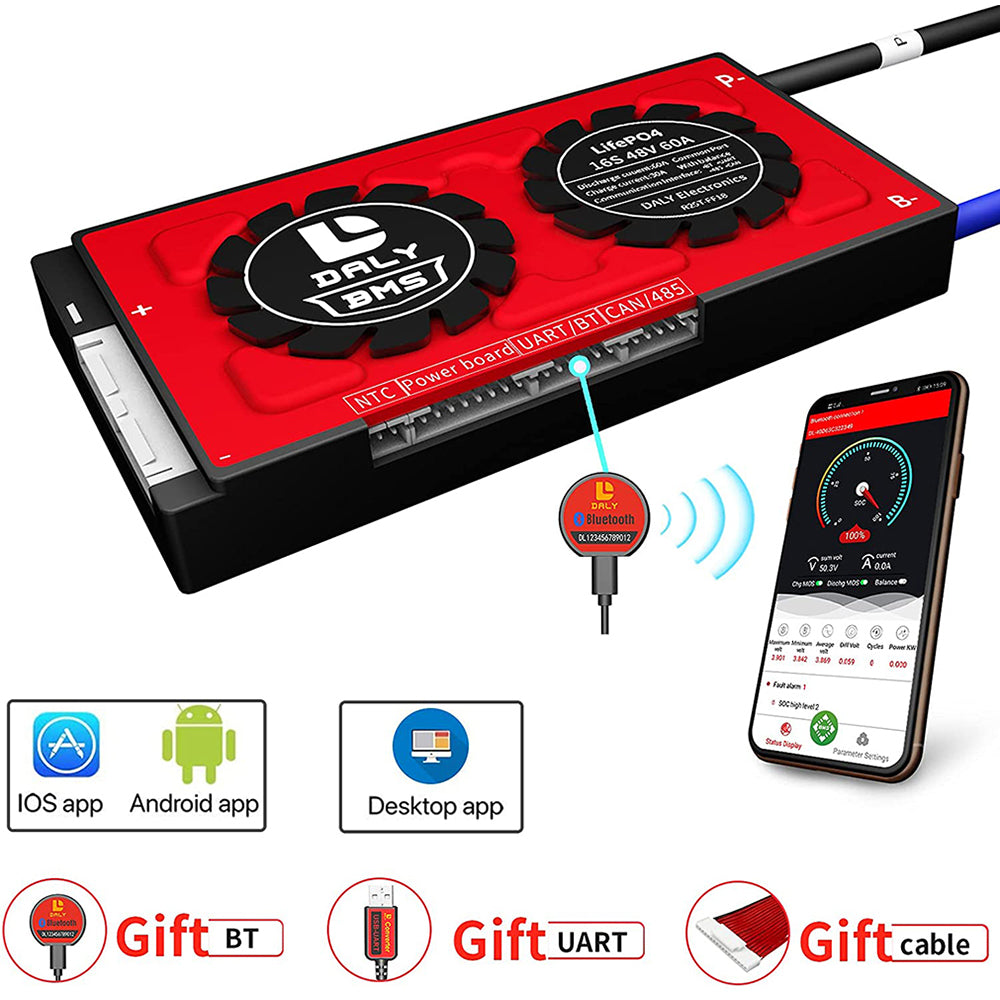 Daly Smart BMS LiFePO4 16S 48V 60A com Bluetooth (Modelo 18 66 128)