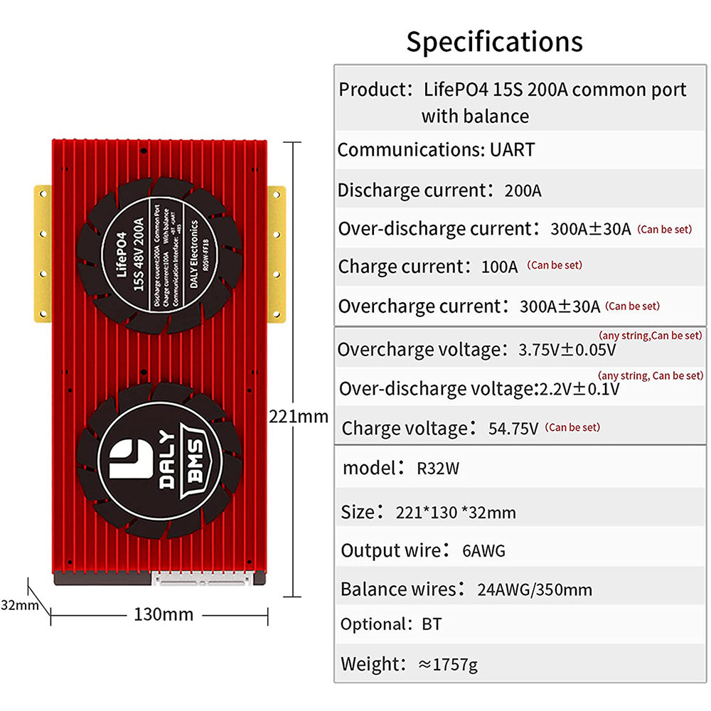 Daly smart bms Lifepo4 15S 48V 200A bluetooth BMS board 32130221
