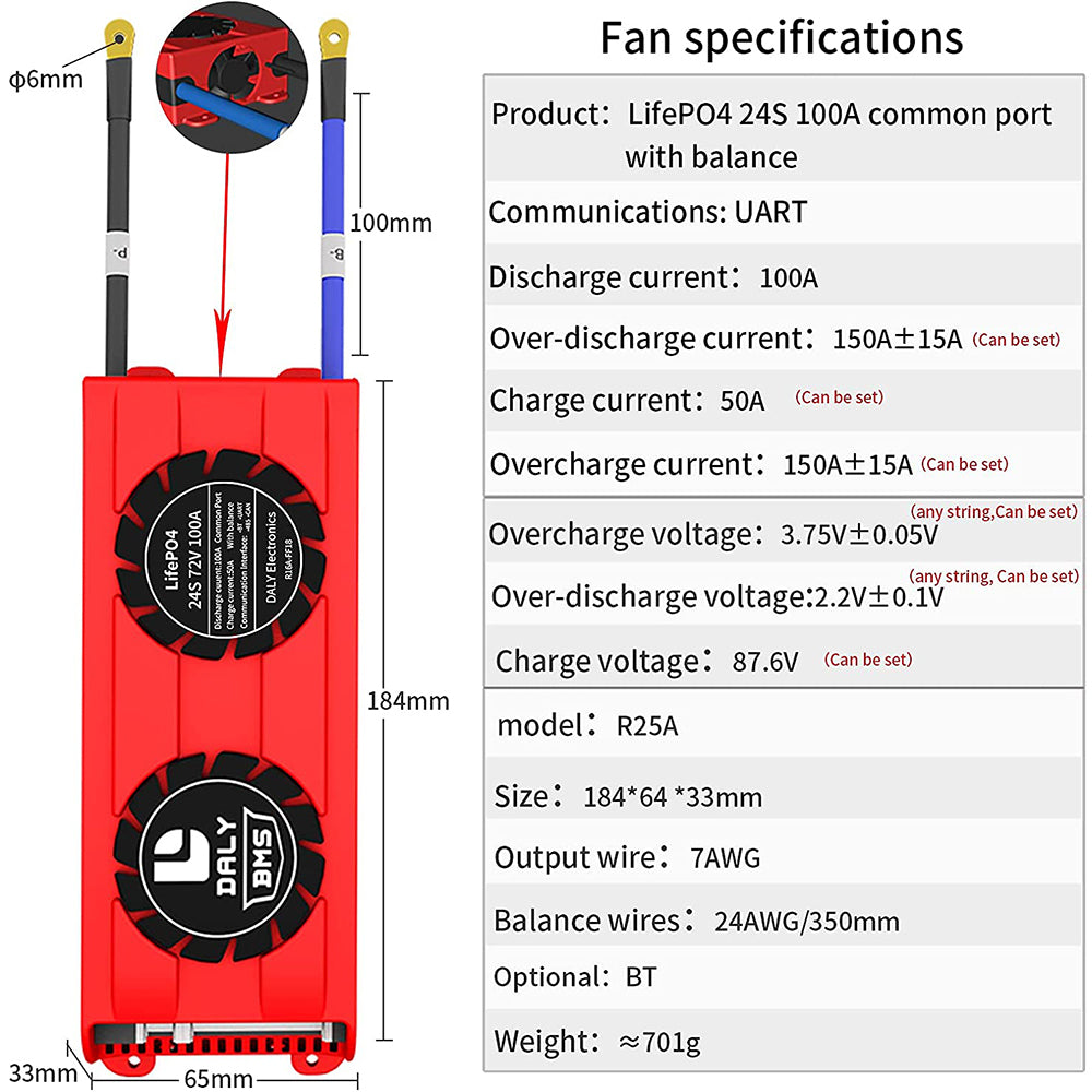 Daly Smart BMS LiFePO4 24S 72V 100A Bluetooth BMS FAN Board 24 65 166