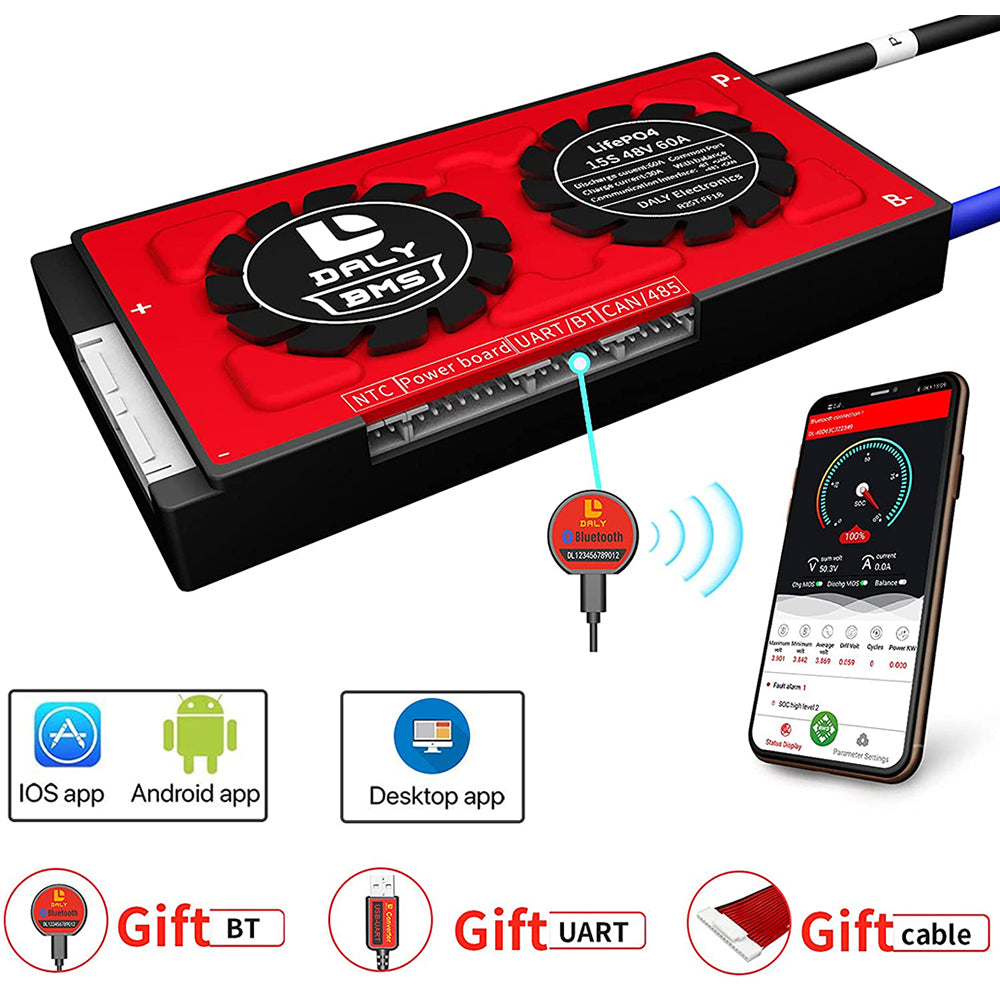Daly smart bms LiFePo4 15S 48V 60A bluetooth BMS board 18 66 128